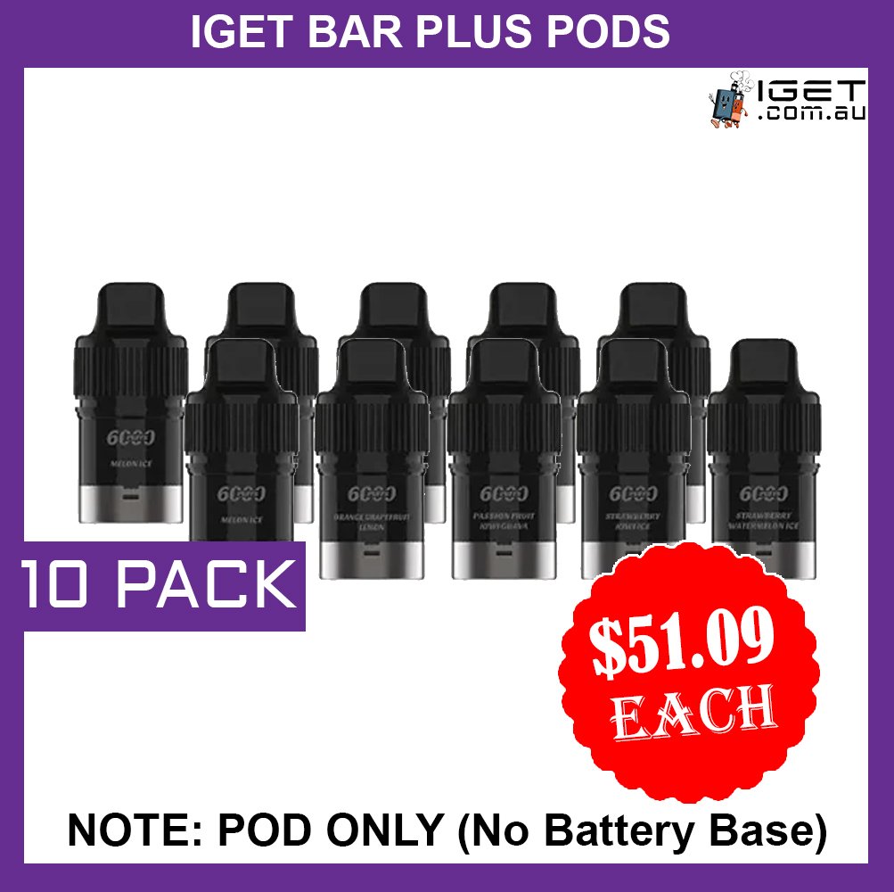 10-pack.jpg IGET BAR PLUS – POD ONLY – 10 PACK – 6000 PUFFS (No Battery Base) - Image 1