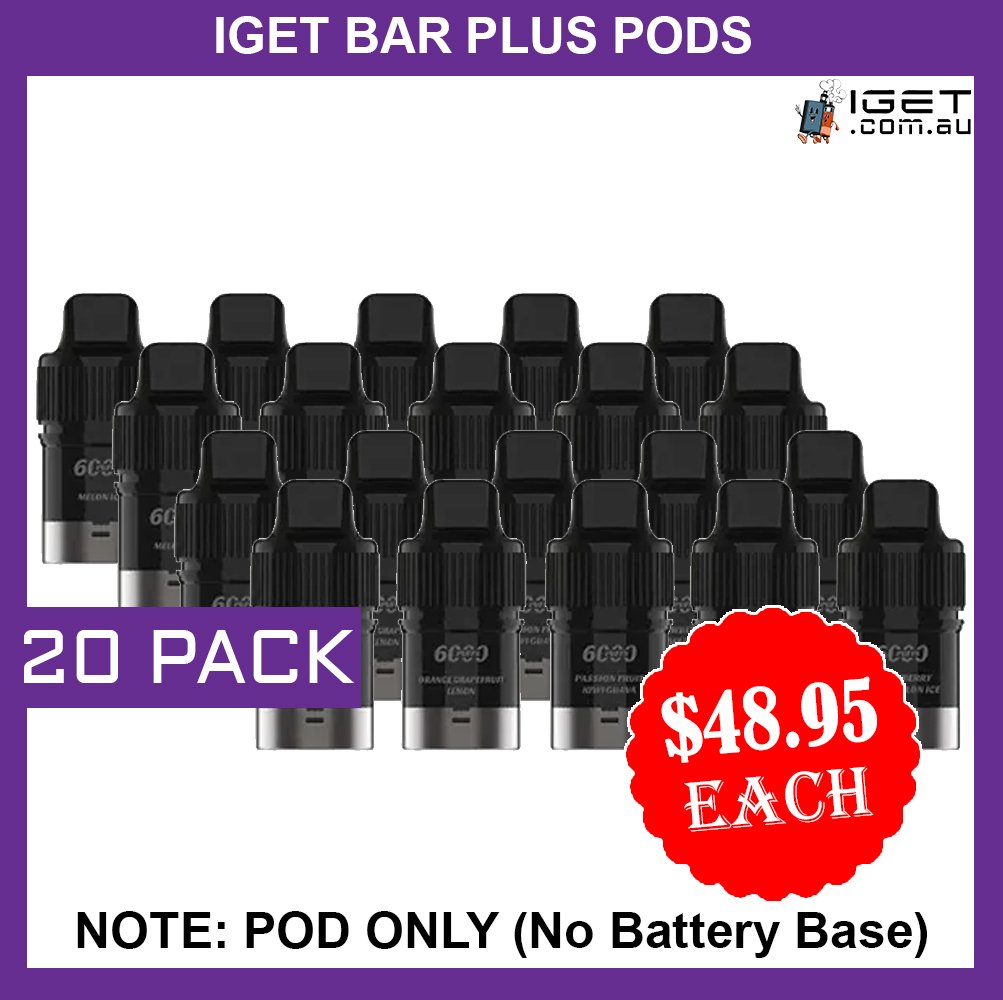 20-pack.jpg IGET BAR PLUS – POD ONLY – 20 PACK – 6000 PUFFS (No Battery Base) - Image 1
