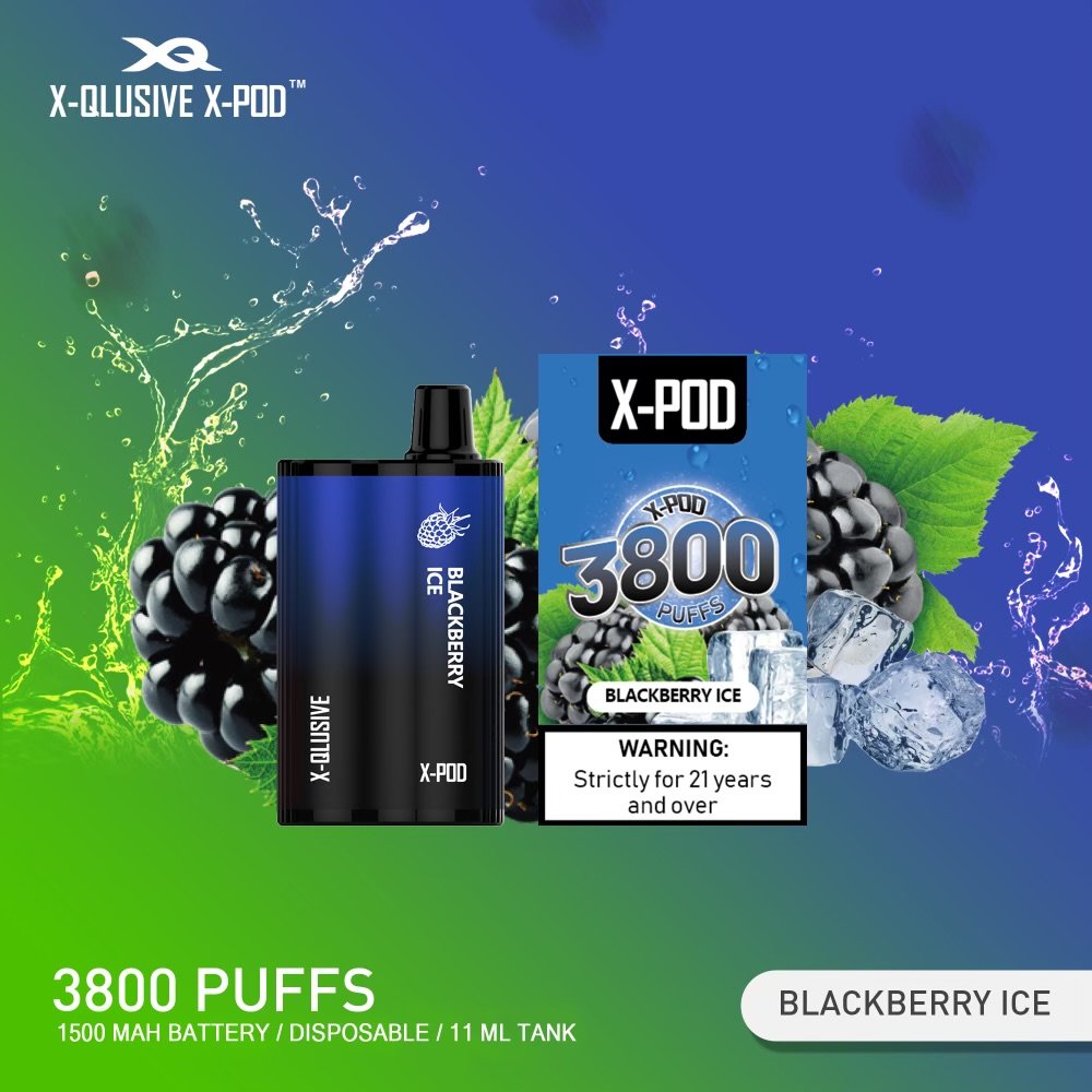 X-QLUSIVE-X-POD-BLACKBERRY-ICE.jpeg X-QLUSIVE X-POD BLACKBERRY ICE – 3800 PUFFS - Image 1