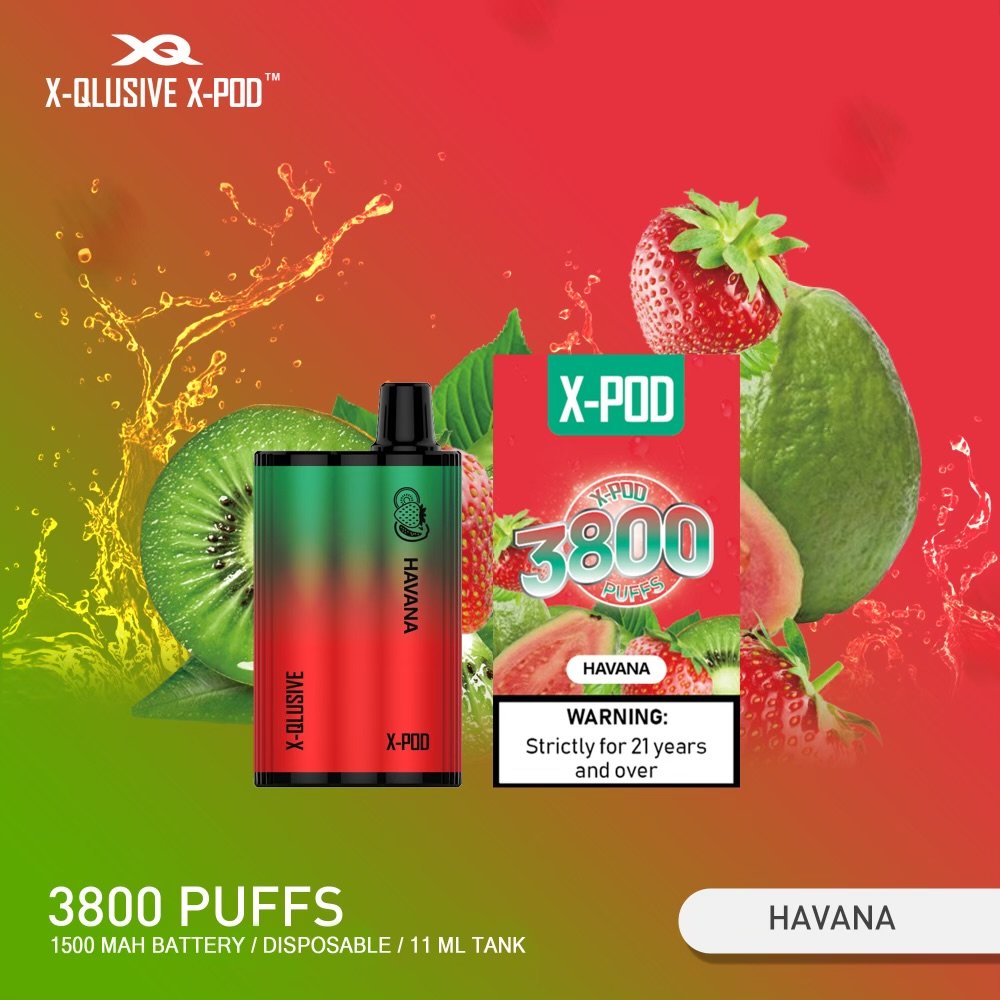X-QLUSIVE-X-POD-HAVANA.jpeg X-QLUSIVE X-POD HAVANA (Strawberry Kiwi Guava) – 3800 PUFFS - Image 1