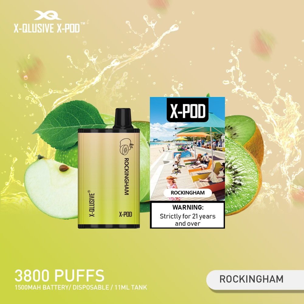 X-QLUSIVE-X-POD-ROCKINGHAM.jpeg X-QLUSIVE X-POD ROCKINGHAM (Apple Kiwi Ice) – 3800 PUFFS - Image 1