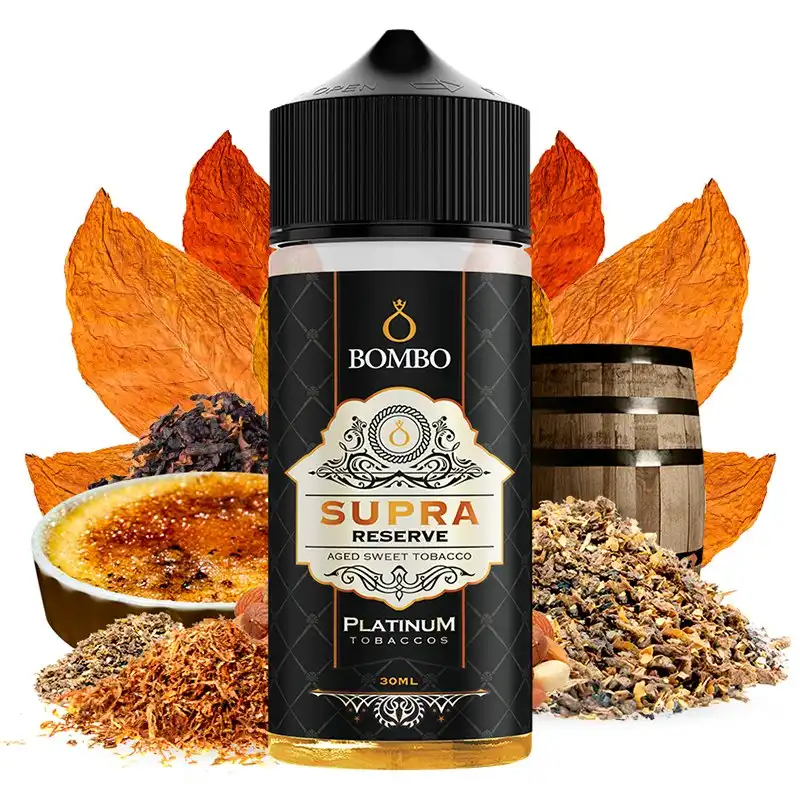 aroma-supra-reserve-30ml-longfill-platinum-tobaccos-by-bombo.webp Supra Reserve 30ml/120 Longfill – Bombo+ Base 70ml 100% VG - Image 1