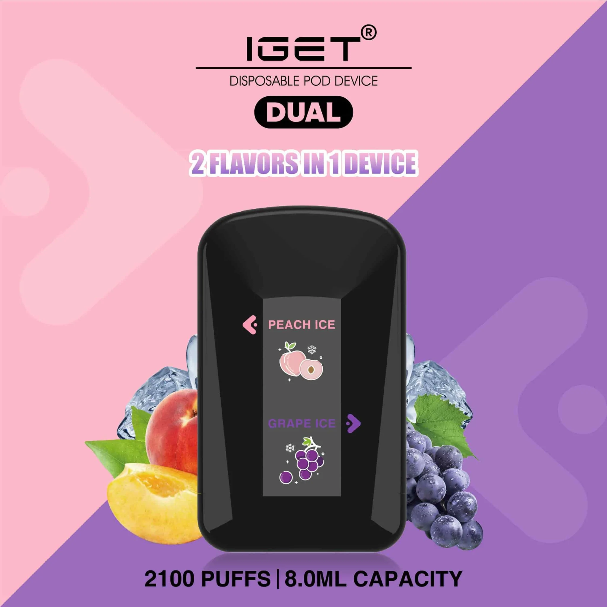 iget-dual-peach-ice-grape-ic_1024x1024@2x.webp IGET DUAL 2 FLAVOURS IN 1 DEVICE PEACH ICE / GRAPE ICE – 2100 PUFFS - Image 1